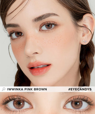 Model demonstrating a Kpop-inspired look with Lensrang Iwwinka Pink Brown coloured contact lenses, demonstrating the brightening and enlarging effect of the circle contact lenses on her dark eyes.