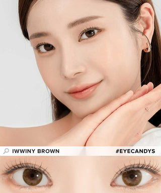 Model demonstrating a Kpop-inspired look with Lensrang Iwwiny Brown coloured contact lenses, demonstrating the brightening and enlarging effect of the circle contact lenses on her dark eyes.