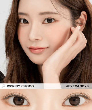 Model demonstrating a Kpop-inspired look with Lensrang Iwwiny Choco coloured contact lenses, demonstrating the brightening and enlarging effect of the circle contact lenses on her dark eyes.