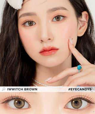 Model demonstrating a Kpop-inspired look with Lensrang Iwwitch Brown coloured contact lenses, demonstrating the brightening and enlarging effect of the circle contact lenses on her dark eyes.