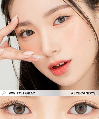 Model demonstrating a Kpop-inspired look with Lensrang Iwwitch Grey coloured contact lenses, demonstrating the brightening and enlarging effect of the circle contact lenses on her dark eyes.