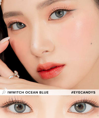 Model demonstrating a Kpop-inspired look with Lensrang Iwwitch Ocean Blue coloured contact lenses, demonstrating the brightening and enlarging effect of the circle contact lenses on her dark eyes.