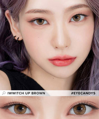 Model demonstrating a Kpop-inspired look with Lensrang Iwwitch Up Brown coloured contact lenses, demonstrating the brightening and enlarging effect of the circle contact lenses on her dark eyes.