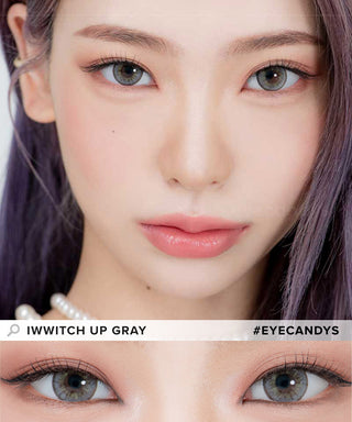 Model demonstrating a Kpop-inspired look with Lensrang Iwwitch Up Grey coloured contact lenses, demonstrating the brightening and enlarging effect of the circle contact lenses on her dark eyes.