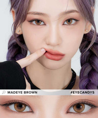 Model demonstrating a Kpop-inspired look with Lensrang Madeye Brown coloured contact lenses, demonstrating the brightening and enlarging effect of the circle contact lenses on her dark eyes.