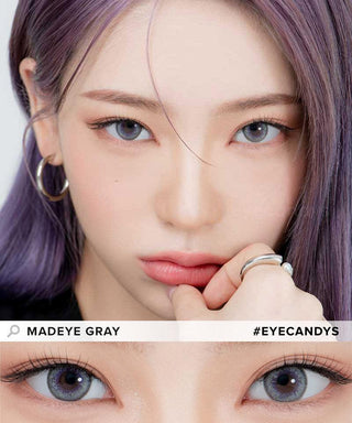 Model demonstrating a Kpop-inspired look with Lensrang Madeye Grey coloured contact lenses, demonstrating the brightening and enlarging effect of the circle contact lenses on her dark eyes.