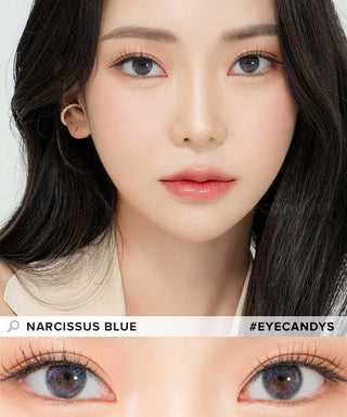 Model demonstrating a Kpop-inspired look with Lensrang Narcissus Blue Grey coloured contact lenses, demonstrating the brightening and enlarging effect of the circle contact lenses on her dark eyes.