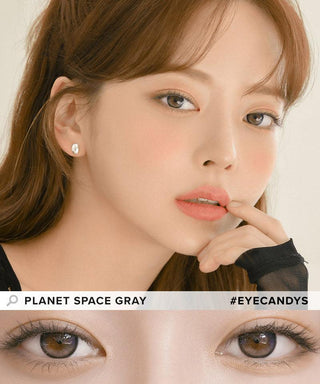 Model demonstrating a Kpop-inspired look with Lensrang Planet Space Grey coloured contact lenses, demonstrating the brightening and enlarging effect of the circle contact lenses on her dark eyes.
