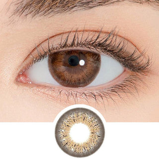 Close-up shot of a model's eye wearing Lensrang Puella Brown color contacts with prescription, paired with K-beauty-inspired eye makeup, showing the brightening and enlarging effect of the circle contact lens on dark brown eyes, above a cutout of the contact lens pattern with limbal ring on a white background.