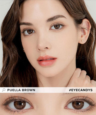 Model demonstrating a Kpop-inspired look with Lensrang Puella Brown coloured contact lenses, demonstrating the brightening and enlarging effect of the circle contact lenses on her dark eyes.