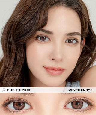 Model demonstrating a Kpop-inspired look with Lensrang Puella Pink Brown coloured contact lenses, demonstrating the brightening and enlarging effect of the circle contact lenses on her dark eyes.