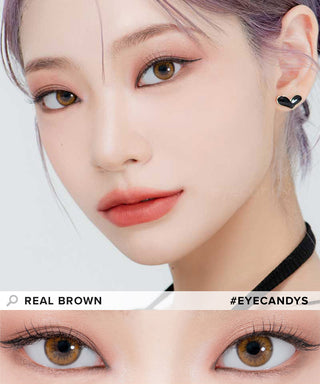 Model demonstrating a Kpop-inspired look with Lensrang Real Brown coloured contact lenses, demonstrating the brightening and enlarging effect of the circle contact lenses on her dark eyes.