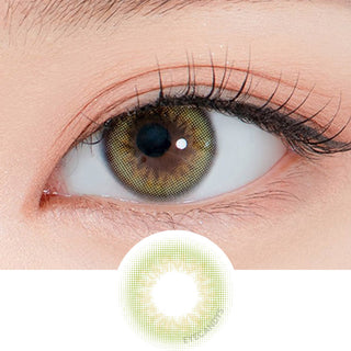 Close-up shot of a model's eye wearing Lensrang Real Khaki Green color contacts with prescription, paired with K-beauty-inspired eye makeup, showing the brightening and enlarging effect of the circle contact lens on dark brown eyes, above a cutout of the contact lens pattern with limbal ring on a white background.
