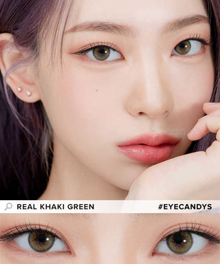 Model demonstrating a Kpop-inspired look with Lensrang Real Khaki Green coloured contact lenses, demonstrating the brightening and enlarging effect of the circle contact lenses on her dark eyes.