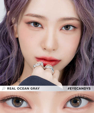 Model demonstrating a Kpop-inspired look with Lensrang Real Ocean Grey coloured contact lenses, demonstrating the brightening and enlarging effect of the circle contact lenses on her dark eyes.