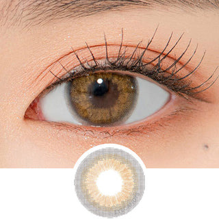 Close-up shot of a model's eye wearing Lensrang Romantic Brown color contacts with prescription, paired with K-beauty-inspired eye makeup, showing the brightening and enlarging effect of the circle contact lens on dark brown eyes, above a cutout of the contact lens pattern with limbal ring on a white background.