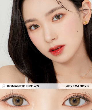 Model demonstrating a Kpop-inspired look with Lensrang Romantic Brown coloured contact lenses, demonstrating the brightening and enlarging effect of the circle contact lenses on her dark eyes.
