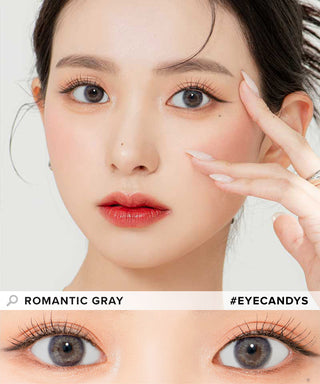 Model demonstrating a Kpop-inspired look with Lensrang Romantic Grey coloured contact lenses, demonstrating the brightening and enlarging effect of the circle contact lenses on her dark eyes.