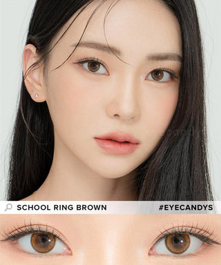 Model demonstrating a Kpop-inspired look with Lensrang School Ring Brown coloured contact lenses, demonstrating the brightening and enlarging effect of the circle contact lenses on her dark eyes.