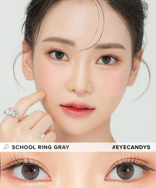 Model demonstrating a Kpop-inspired look with Lensrang School Ring Grey coloured contact lenses, demonstrating the brightening and enlarging effect of the circle contact lenses on her dark eyes.