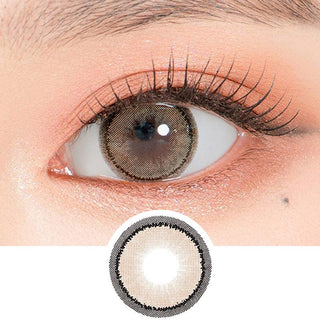 Close-up shot of a model's eye wearing Lensrang Sharing Brown color contacts with prescription, paired with K-beauty-inspired eye makeup, showing the brightening and enlarging effect of the circle contact lens on dark brown eyes, above a cutout of the contact lens pattern with limbal ring on a white background.