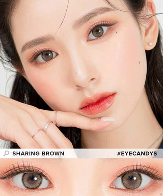 Model demonstrating a Kpop-inspired look with Lensrang Sharing Brown coloured contact lenses, demonstrating the brightening and enlarging effect of the circle contact lenses on her dark eyes.