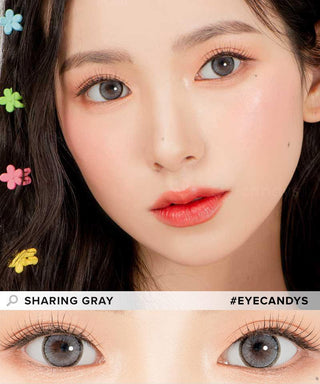 Model demonstrating a Kpop-inspired look with Lensrang Sharing Grey coloured contact lenses, demonstrating the brightening and enlarging effect of the circle contact lenses on her dark eyes.