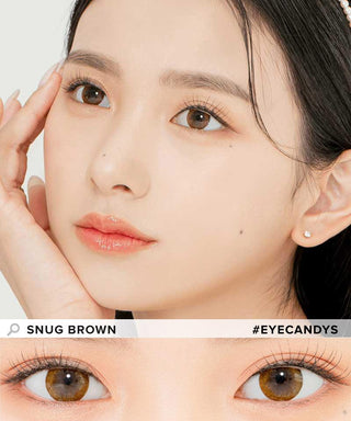 Model demonstrating a Kpop-inspired look with Lensrang Snug Brown coloured contact lenses, demonstrating the brightening and enlarging effect of the circle contact lenses on her dark eyes.