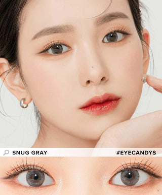 Model demonstrating a Kpop-inspired look with Lensrang Snug Grey coloured contact lenses, demonstrating the brightening and enlarging effect of the circle contact lenses on her dark eyes.