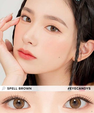 Model demonstrating a Kpop-inspired look with Lensrang Spell Brown coloured contact lenses, demonstrating the brightening and enlarging effect of the circle contact lenses on her dark eyes.