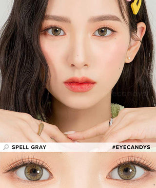 Model demonstrating a Kpop-inspired look with Lensrang Spell Grey coloured contact lenses, demonstrating the brightening and enlarging effect of the circle contact lenses on her dark eyes.