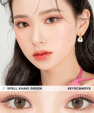 Model demonstrating a Kpop-inspired look with Lensrang Spell Green coloured contact lenses, demonstrating the brightening and enlarging effect of the circle contact lenses on her dark eyes.