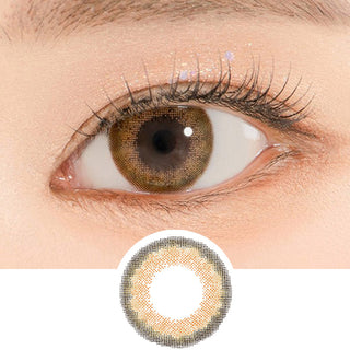 Close-up shot of a model's eye wearing Lensrang Stunning Brown color contacts with prescription, paired with K-beauty-inspired eye makeup, showing the brightening and enlarging effect of the circle contact lens on dark brown eyes, above a cutout of the contact lens pattern with limbal ring on a white background.