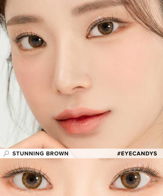 Model demonstrating a Kpop-inspired look with Lensrang Stunning Brown coloured contact lenses, demonstrating the brightening and enlarging effect of the circle contact lenses on her dark eyes.