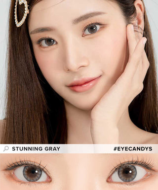 Model demonstrating a Kpop-inspired look with Lensrang Stunning Grey coloured contact lenses, demonstrating the brightening and enlarging effect of the circle contact lenses on her dark eyes.