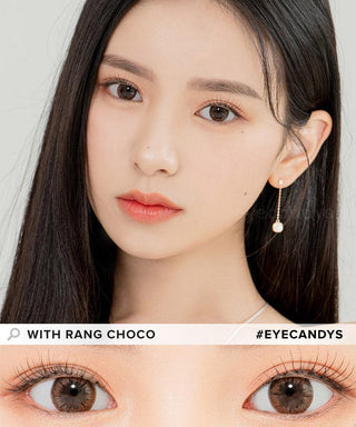 Model demonstrating a Kpop-inspired look with Lensrang With Rang Choco coloured contact lenses, demonstrating the brightening and enlarging effect of the circle contact lenses on her dark eyes.