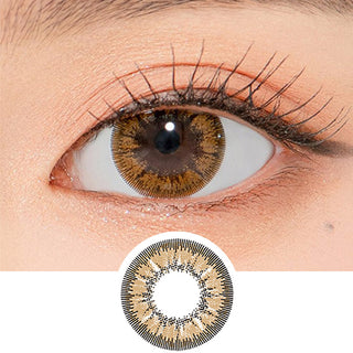 Close-up shot of a model's eye wearing Lensrang With Rang Hazel color contacts with prescription, paired with K-beauty-inspired eye makeup, showing the brightening and enlarging effect of the circle contact lens on dark brown eyes, above a cutout of the contact lens pattern with limbal ring on a white background.