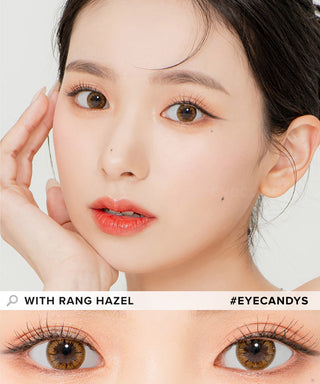 Model demonstrating a Kpop-inspired look with Lensrang With Rang Hazel coloured contact lenses, demonstrating the brightening and enlarging effect of the circle contact lenses on her dark eyes.