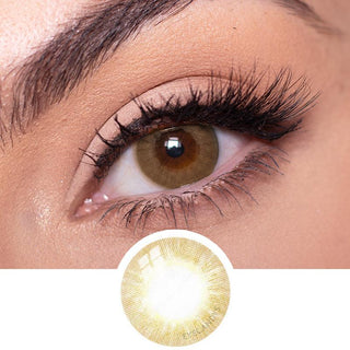 Detailed view of EyeCandys Libre Brown contact lens on a brown eye which also includes a close-up detail of the contact lens.