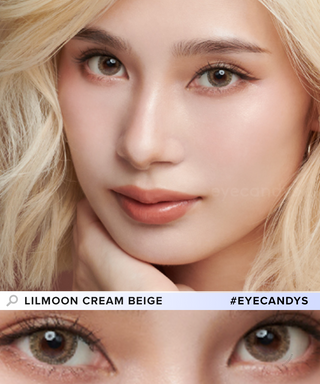 Comparison image of a woman's natural dark eye color and with Lilmoon Monthly Cream Beige (Prescription) Japanese colored contacts, available in prescription.