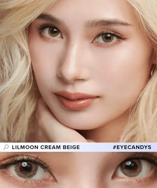 Comparison image of a woman's natural dark eye color and with Lilmoon Monthly Cream Beige (Prescription) Japanese colored contacts, available in prescription.