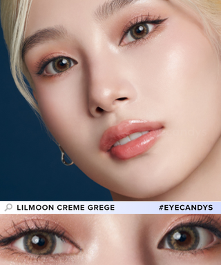 Comparison image of a woman's natural dark eye color and with Lilmoon Monthly Cream Grege (Non Prescription) Japanese colored contacts, available in prescription.