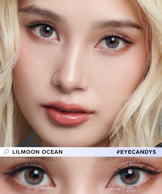 Comparison image of a woman's natural dark eye color and with Lilmoon Monthly Ocean (Prescription) Japanese colored contacts, available in prescription.