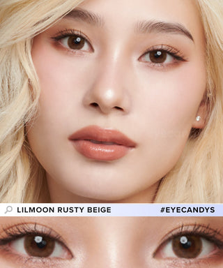 Comparison image of a woman's natural dark eye color and with Lilmoon 1-Day Rusty Beige (10pk) Japanese colored contacts, available in prescription.
