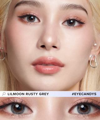 Comparison image of a woman's natural dark eye color and with Lilmoon Monthly Rusty Grey (Prescription) Japanese colored contacts, available in prescription.