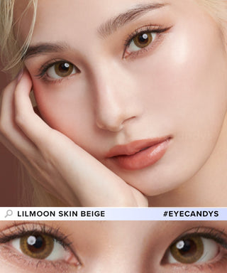 Comparison image of a woman's natural dark eye color and with Lilmoon Monthly Skin Beige (Prescription) Japanese colored contacts, available in prescription.