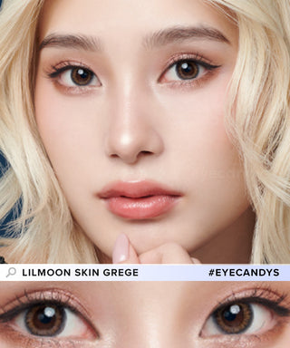 Comparison image of a woman's natural dark eye color and with Lilmoon Monthly Skin Grege (Prescription) Japanese colored contacts, available in prescription.