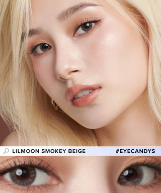 Comparison image of a woman's natural dark eye color and with Lilmoon 1-Day Smokey Beige (10pk) Japanese colored contacts, available in prescription.