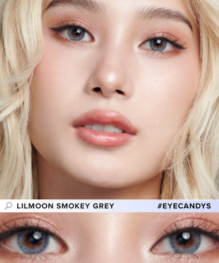 Comparison image of a woman's natural dark eye color and with Lilmoon 1-Day Smokey Grey (10pk) Japanese colored contacts, available in prescription.