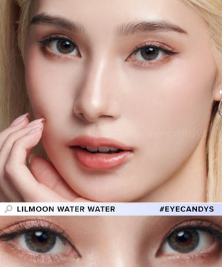 Comparison image of a woman's natural dark eye color and with Lilmoon 1-Day Water Water Blue-Grey (10pk) Japanese colored contacts, available in prescription.